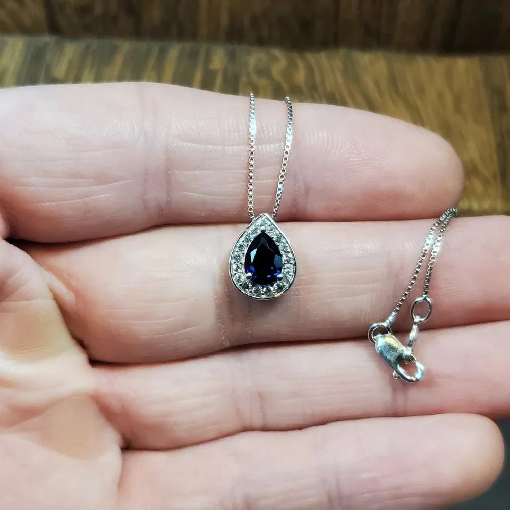 18 Inch 925 Sterling Silver Blue And Clear Sapphire Pendant Necklace - Picture 3 of 9